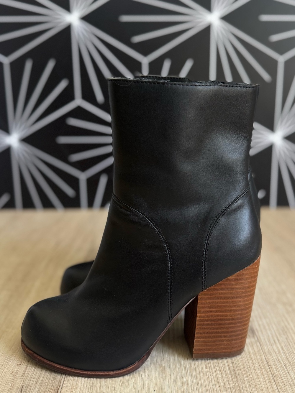 Jeffrey Campbell Hanger-Hi Black Genuine Leather Wood Block Heel Ankle Boots